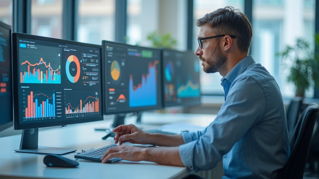 Маркетолог анализирует метрики и KPI кампаний в аналитической панели