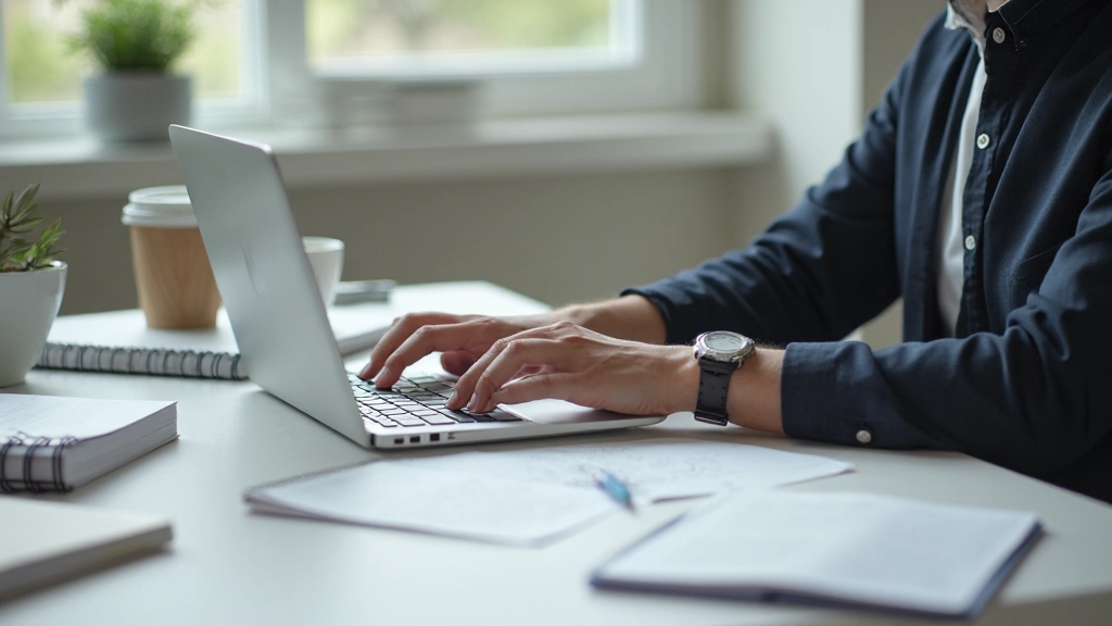 Профессиональный рабочий стол с организованными материалами и ноутбуком