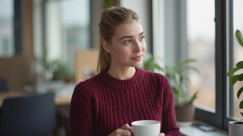 Сотрудница пьет кофе и смотрит в окно во время перерыва