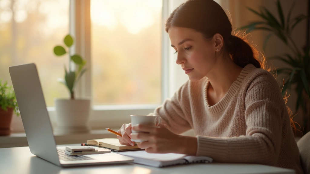 Женщина утром пьет кофе и планирует день